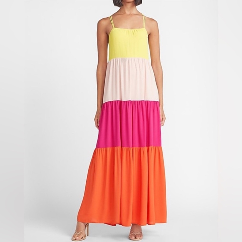 Express Colorblock Pink Orange Tiered Maxi Dress